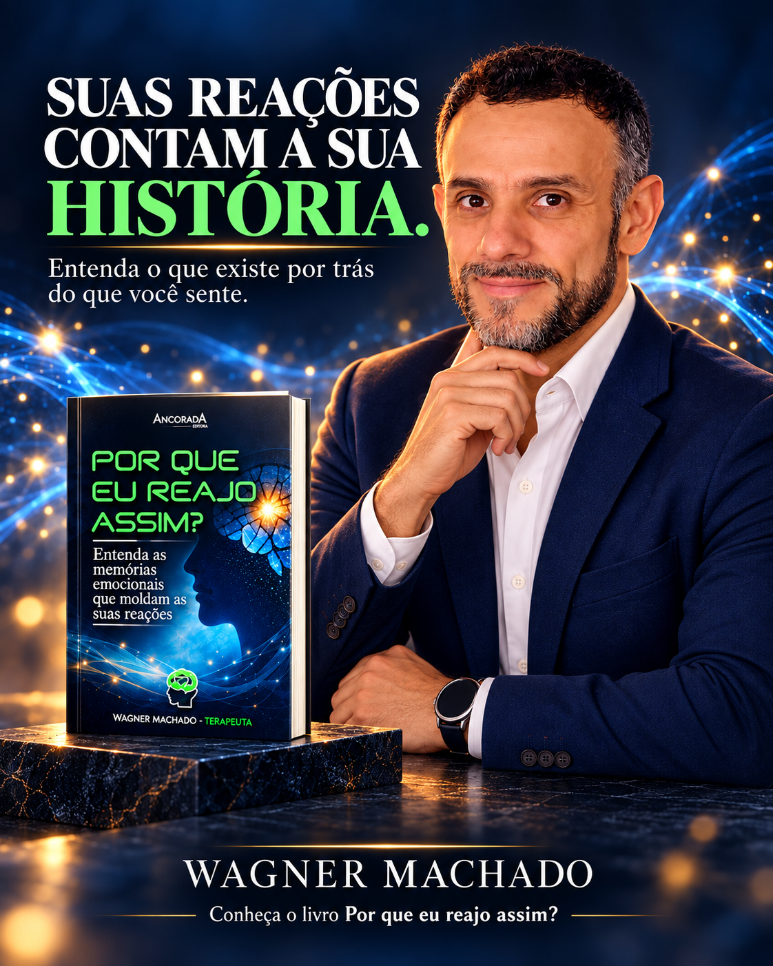 Arte de Wagner Machado apresentando o livro Por que eu reajo assim?